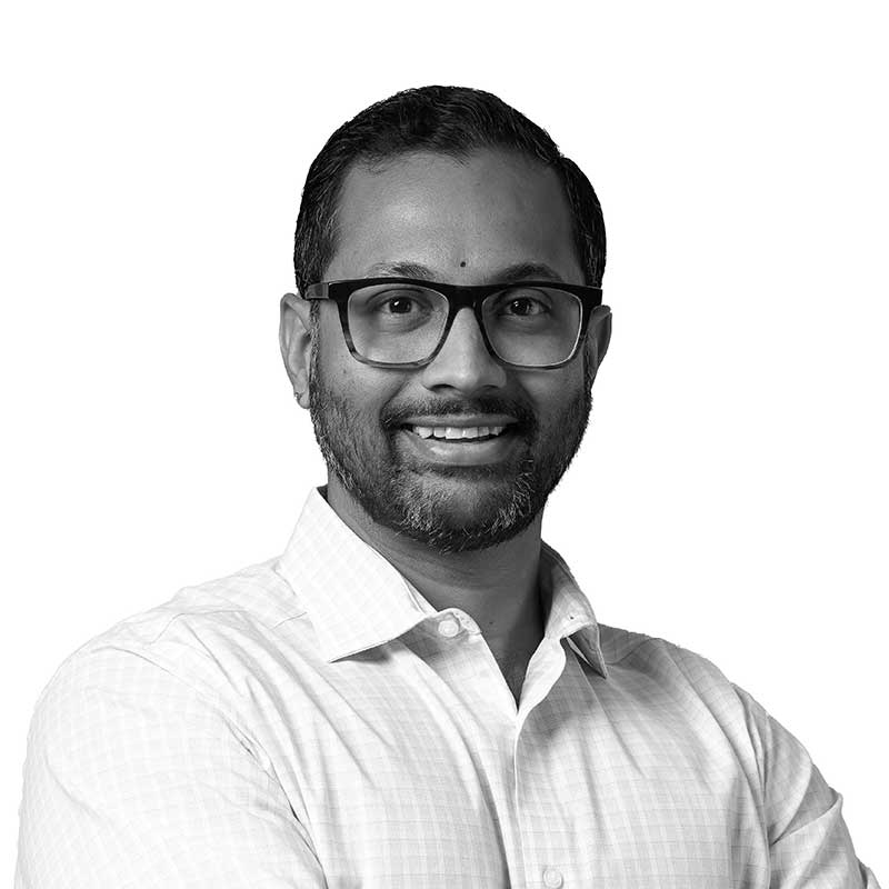 A black and white photo of Vice President and Senior Development Manager for LDK Ventures, Srinivasa Nookala.