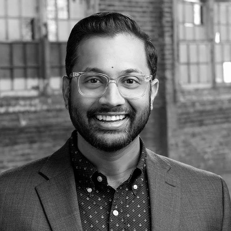 A black and white photo of Vice President and Senior Development Manager for LDK Ventures, Srinivasa Nookala.